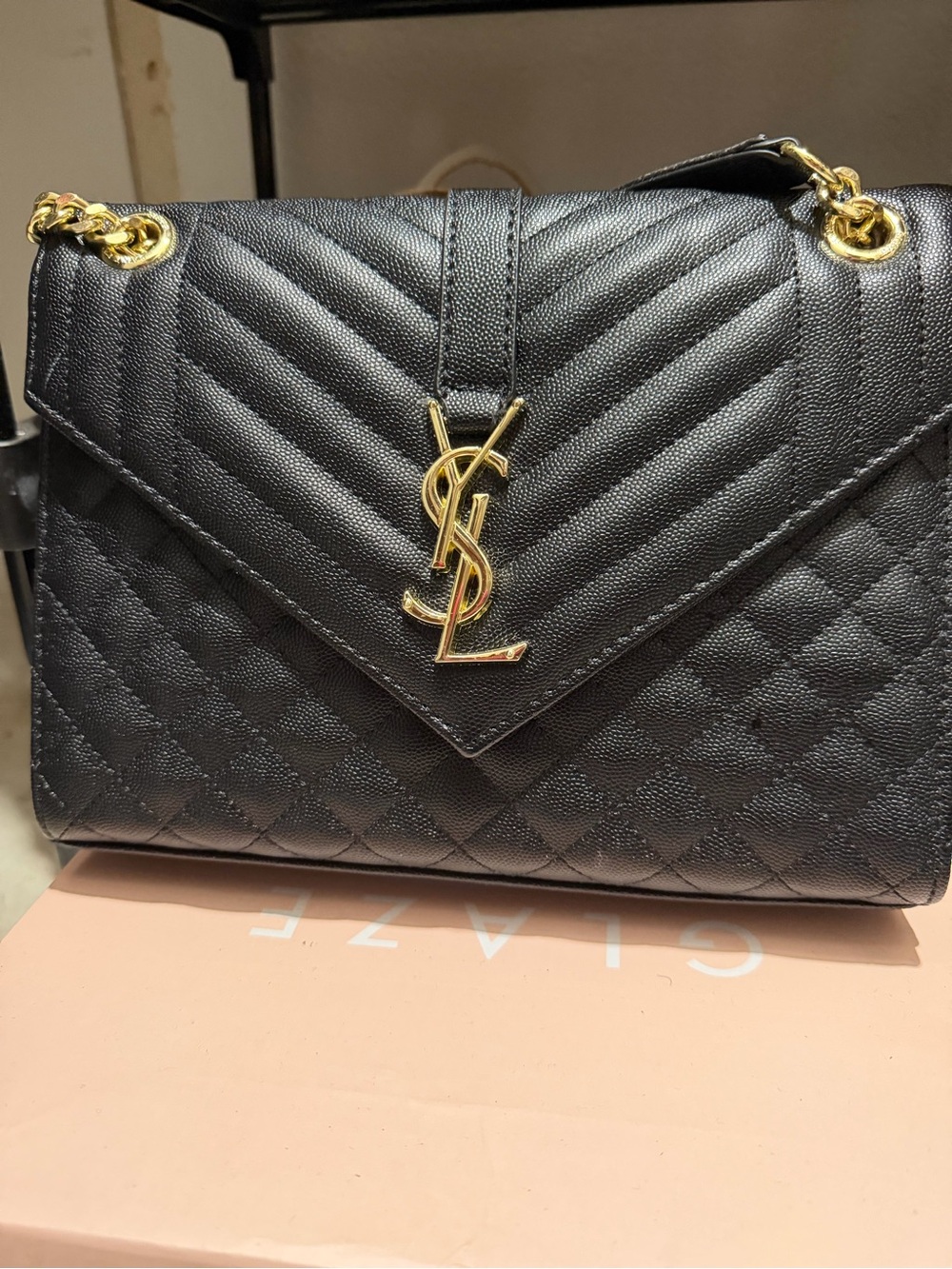 Saint Laurent Black Quilted Envelope Shoulder Bag with Gold Hardware